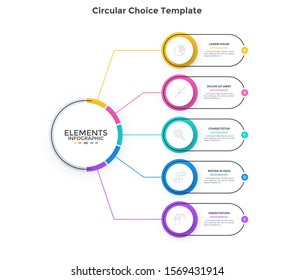 Scheme with 5 colorful round elements connected to main circle. Concept of five business options to choose. Minimal infographic design template. Flat vector illustration for presentation, banner.