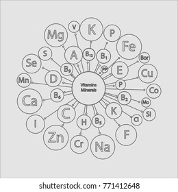 Scheme "All vitamins and minerals for human health." Micro and macro elements and vitamins in a circular scheme. The basis of a healthy diet.