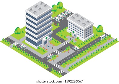 scheme ambulance and hospital in axonometry