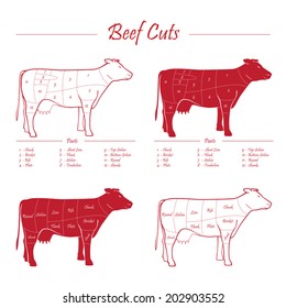 Scheme American cuts of beef - milk cow cuts elements red on white background