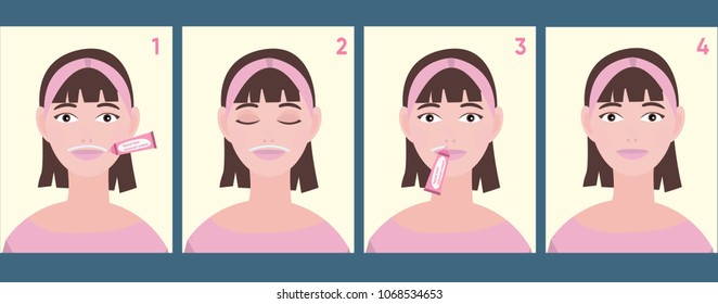 Scheme of applying on face bleaching or depilatory cream. Illustration shows steps of applying cream to delete unwanted facial hair.