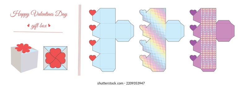 Scheme for assembling a simple gift box for Valentine's Day, birthday. Do it yourself. Pattern, Three layout vector template, box packaging design for gluing, die cutting.