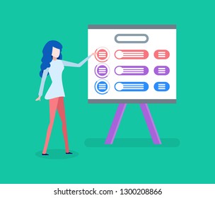 Scheme and business plan, businesswoman with presentation vector. Woman showing marketing strategies, entrepreneur and work analysis on board or screen