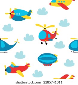 Scheme of children's air transport. Seamless pattern of cute children's aviation, children's wallpaper with helicopters and planes. cartoon vector texture illustration of air pattern sky