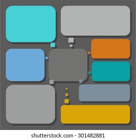 Scheme, colored, eight sectors for text, infographics. Gray scheme and eight colored, rectangular sectors for text, infographics. All nine sectors.  