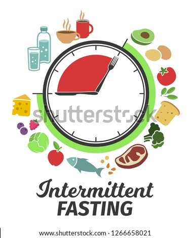 Scheme and concept. Clock face symbolizing the principle of Intermittent fasting. Vector illustration. Infographic