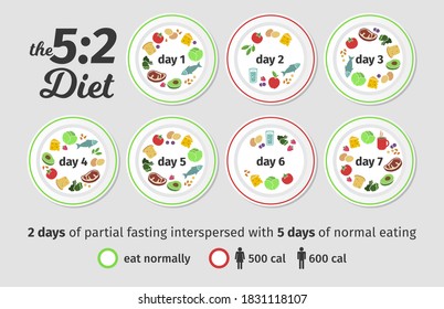 Scheme and concept of the fast diet 5:2. eating and fasting days. Vector illustration. Infographic