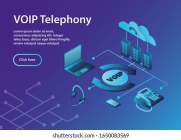 The scheme for constructing a VOIP system.Concept VOIP telephony, isometric, example site page. 