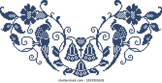 
The scheme for cross-stitch flowers with leaves on which sit the birds in blue svg