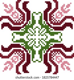 The scheme for cross-stitch flowers with leaves in red, pink and green