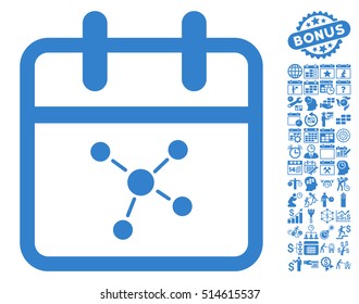 Scheme Day icon with bonus calendar and time management icon set. Vector illustration style is flat iconic symbols, cobalt color, white background.