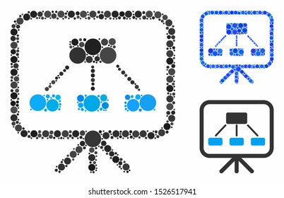 Scheme demonstration screen composition for scheme demonstration screen icon of filled circles in variable sizes and color hues. Vector filled circles are organized into blue composition.