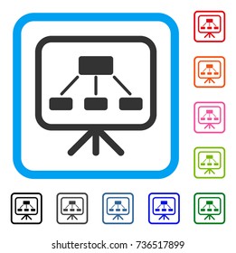 Scheme Demonstration Screen icon. Flat gray iconic symbol inside a light blue rounded frame. Black, gray, green, blue, red, orange color versions of Scheme Demonstration Screen vector.