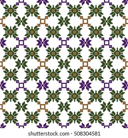 scheme for embroidery. Mosaic seamless pattern. Ethnic ornament. Vector Image. Green, golden, purple colors. For embroidery pattern. for the textile industry, home crafts