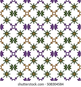 scheme for embroidery. Mosaic seamless pattern. Ethnic ornament. Vector Image. Green, golden, purple colors. For embroidery pattern. for the textile industry, home crafts