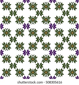 scheme for embroidery. Mosaic seamless pattern. Ethnic ornament. Vector Image. Green, golden, purple colors. For embroidery pattern. for the textile industry, home crafts