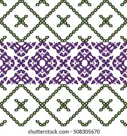 scheme for embroidery. Mosaic seamless pattern. Ethnic ornament. Vector Image. Green, golden, purple colors. For embroidery pattern. for the textile industry, home crafts