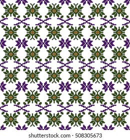 scheme for embroidery. Mosaic seamless pattern. Ethnic ornament. Vector Image. Green, golden, purple colors. For embroidery pattern. for the textile industry, home crafts