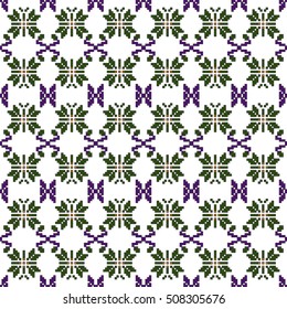 scheme for embroidery. Mosaic seamless pattern. Ethnic ornament. Vector Image. Green, golden, purple colors. For embroidery pattern. for the textile industry, home crafts