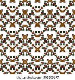 scheme for embroidery. Mosaic seamless pattern. Ethnic ornament. Vector Image. Green, golden, purple colors. For embroidery pattern. for the textile industry, home crafts