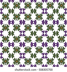 scheme for embroidery. Mosaic seamless pattern. Ethnic ornament. Vector Image. Green, golden, purple colors. For embroidery pattern. for the textile industry, home crafts