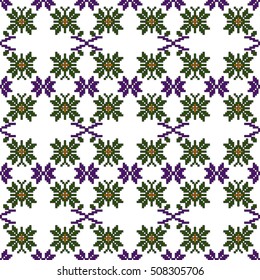 scheme for embroidery. Mosaic seamless pattern. Ethnic ornament. Vector Image. Green, golden, purple colors. For embroidery pattern. for the textile industry, home crafts
