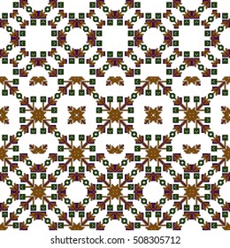 scheme for embroidery. Mosaic seamless pattern. Ethnic ornament. Vector Image. Green, golden, purple colors. For embroidery pattern. for the textile industry, home crafts