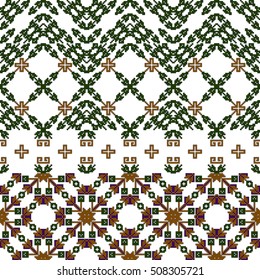 scheme for embroidery. Mosaic seamless pattern. Ethnic ornament. Vector Image. Green, golden, purple colors. For embroidery pattern. for the textile industry, home crafts