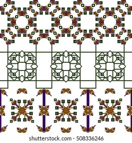 scheme for embroidery. Mosaic seamless pattern. Ethnic ornament. Vector Image. Green, golden, purple colors. For embroidery pattern. for the textile industry, home crafts