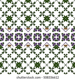 scheme for embroidery. Mosaic seamless pattern. Ethnic ornament. Vector Image. Green, golden, purple colors. For embroidery pattern. for the textile industry, home crafts