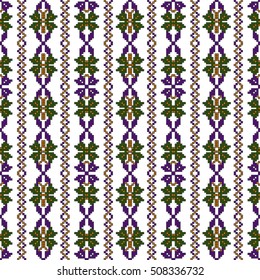 scheme for embroidery. Mosaic seamless pattern. Ethnic ornament. Vector Image. Green, golden, purple colors. For embroidery pattern. for the textile industry, home crafts