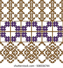scheme for embroidery. Mosaic seamless pattern. Ethnic ornament. Vector Image. Green, golden, purple colors. For embroidery pattern. for the textile industry, home crafts