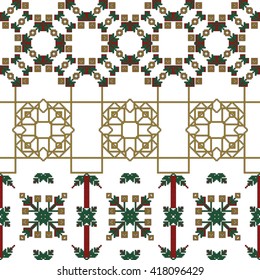 scheme for embroidery Nordic winter pattern, made of round pixels. Vector illustration.For the design, printing, textile industry. Gold, green and red color theme