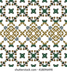 scheme for embroidery Nordic winter pattern, made of round pixels. Vector illustration.For the design, printing, textile industry. Gold, green and red color theme