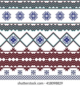 scheme for embroidery Nordic winter pattern, made of round pixels. Vector illustration. For the design, printing, textile industry. Red and blue color
