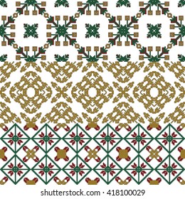 scheme for embroidery Nordic winter pattern, made of round pixels. Vector illustration.For the design, printing, textile industry. Gold, green and red color theme