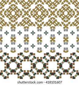 scheme for embroidery Nordic winter pattern, made of round pixels. Vector illustration.For the design, printing, textile industry. Gold, green and red color theme