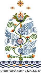 
The scheme for embroidery three birds with a flower and leaves twisted in a spiral fly over the stars and the river made in the Ukrainian style svg