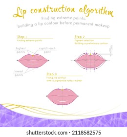 Scheme for finding extreme points, building a lip contour before permanent makeup on a white background