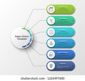 Scheme or flowchart with six elementsor options connected to main circle by lines. Clean infographic design template. Vector illustration for 6-stepped business plan or project visualization.