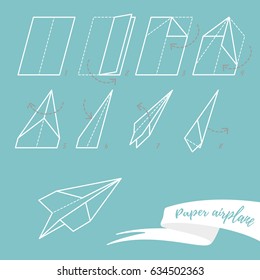 The scheme of folding a paper airplane, eight simple steps, fast flight. Vector illustration, white on blue background, info graphics.