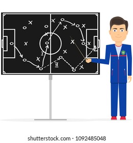 Scheme of a football combination, the coach shows a scheme of a football combination. Flat design, vector illustration, vector.