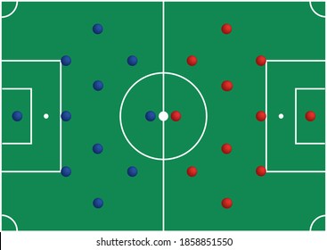 Scheme of a football field with chips for the placement of players. European football. The tactical scheme of the team players. Game sport with a ball. Sports coaching staff. Playing sports field.
