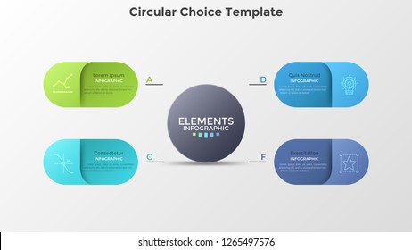 Scheme with four colorful rounded elements surrounding main circle. Concept of 4 business options to choose. Creative infographic design template. Realistic vector illustration for presentation.