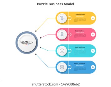 Scheme with four jigsaw puzzle elements connected to main circle. Concept of 4 features of business strategy. Simple infographic design template. Vector illustration for information visualization.