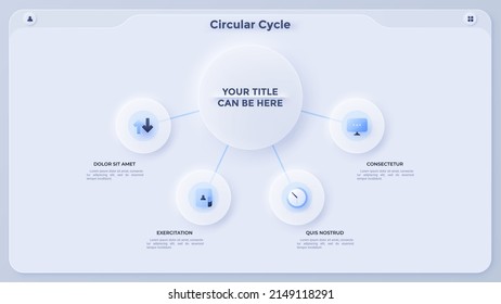 Scheme with four round elements connected to central paper white circle. Concept of 4 options of business plan. Simple infographic design template. Neumorphic vector illustration for presentation.