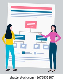 Scheme or graphic, office workers, isolated women. Vector business presentation or infographic, algorythm on paper sheet, brokers collaboration cooperation