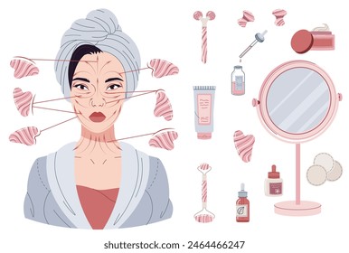 Scheme of gua sha massage on asian girl and beauty items on isolated background. Relaxing, firming massage for face and body. Beauty products, skin care. Vector flat illustration