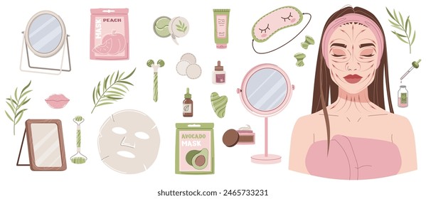 Esquema de masaje gua sha sobre hermosa niña y artículos de belleza en fondo aislado. Masaje relajante y reafirmante para la cara y el cuerpo. Productos de belleza, cuidado de la piel. Ilustración plana de Vector