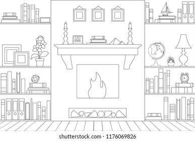 Scheme of the interior of the room with a fireplace. Vector linear interior with furniture. Plan.